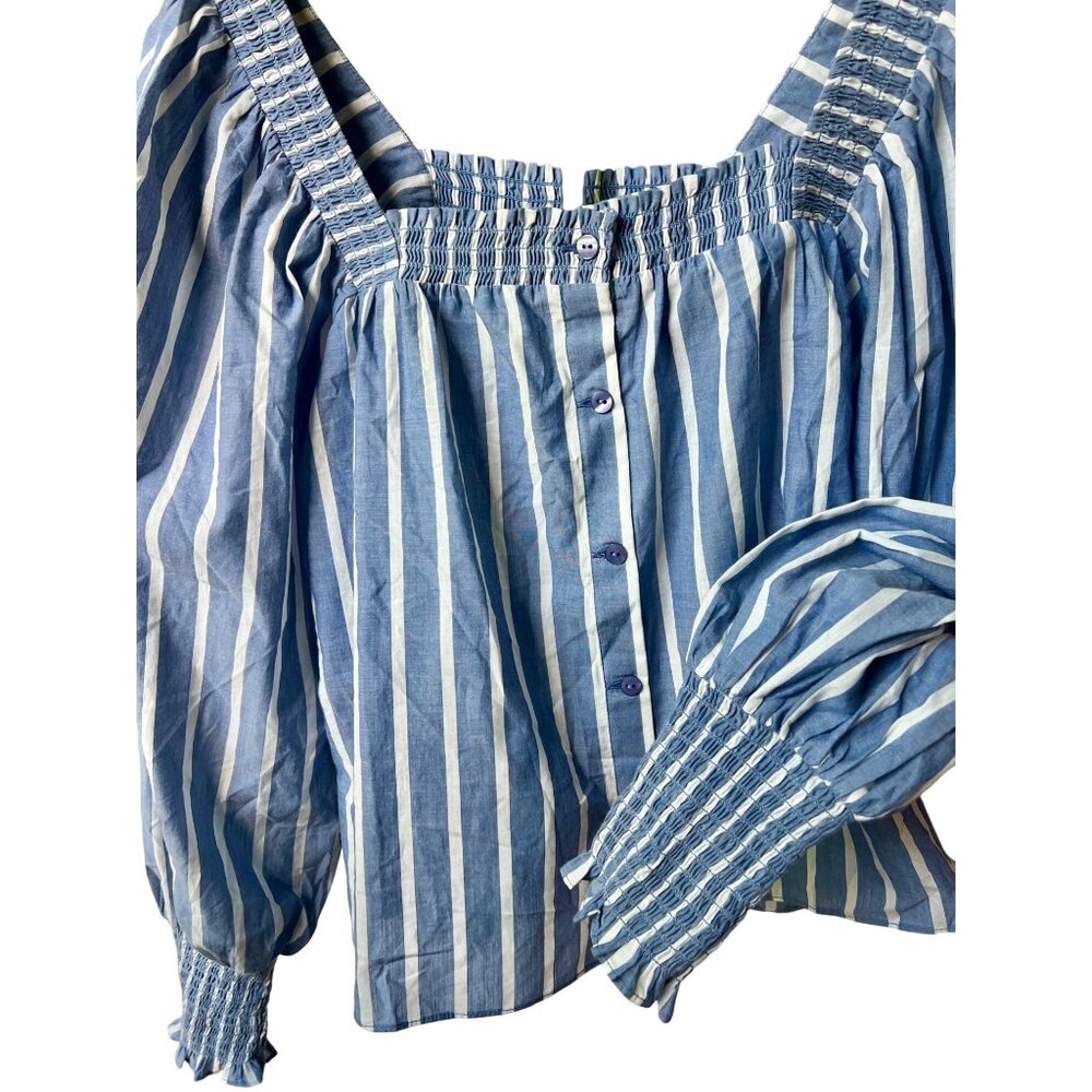 Ophelia & Indigo Frankie Stripe Blouse Blue White Smocked Puff Sleeve NWT XS